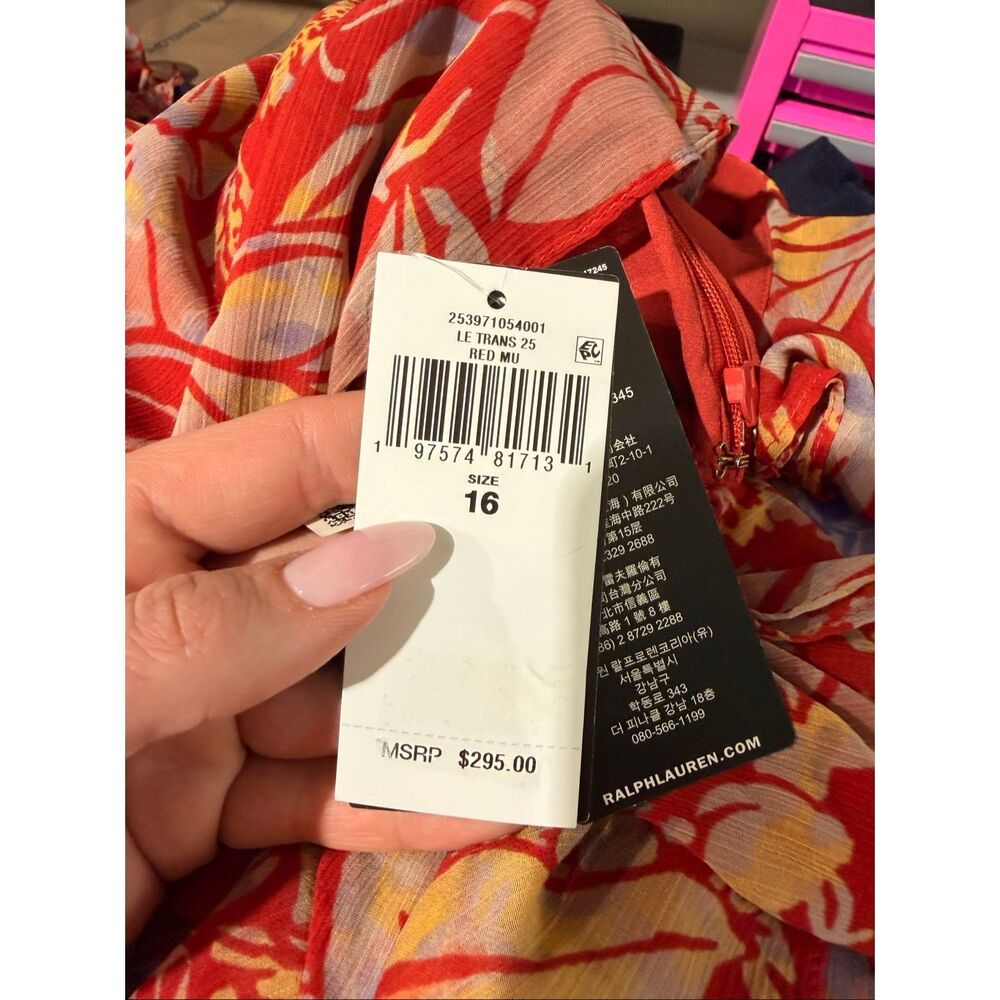 Lauren Ralph Lauren Printed Empire-Waist Shirring Long Dress Floral Red 16 - Picture 5 of 5